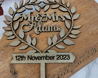 Personalized Wedding Cake Topper: Heart & Leaf Design, Wood or Acrylic