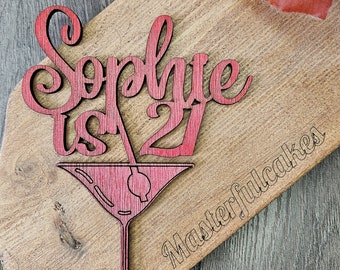 Personalized Cocktail Glass Birthday Cake Topper, Acrylic or Wood