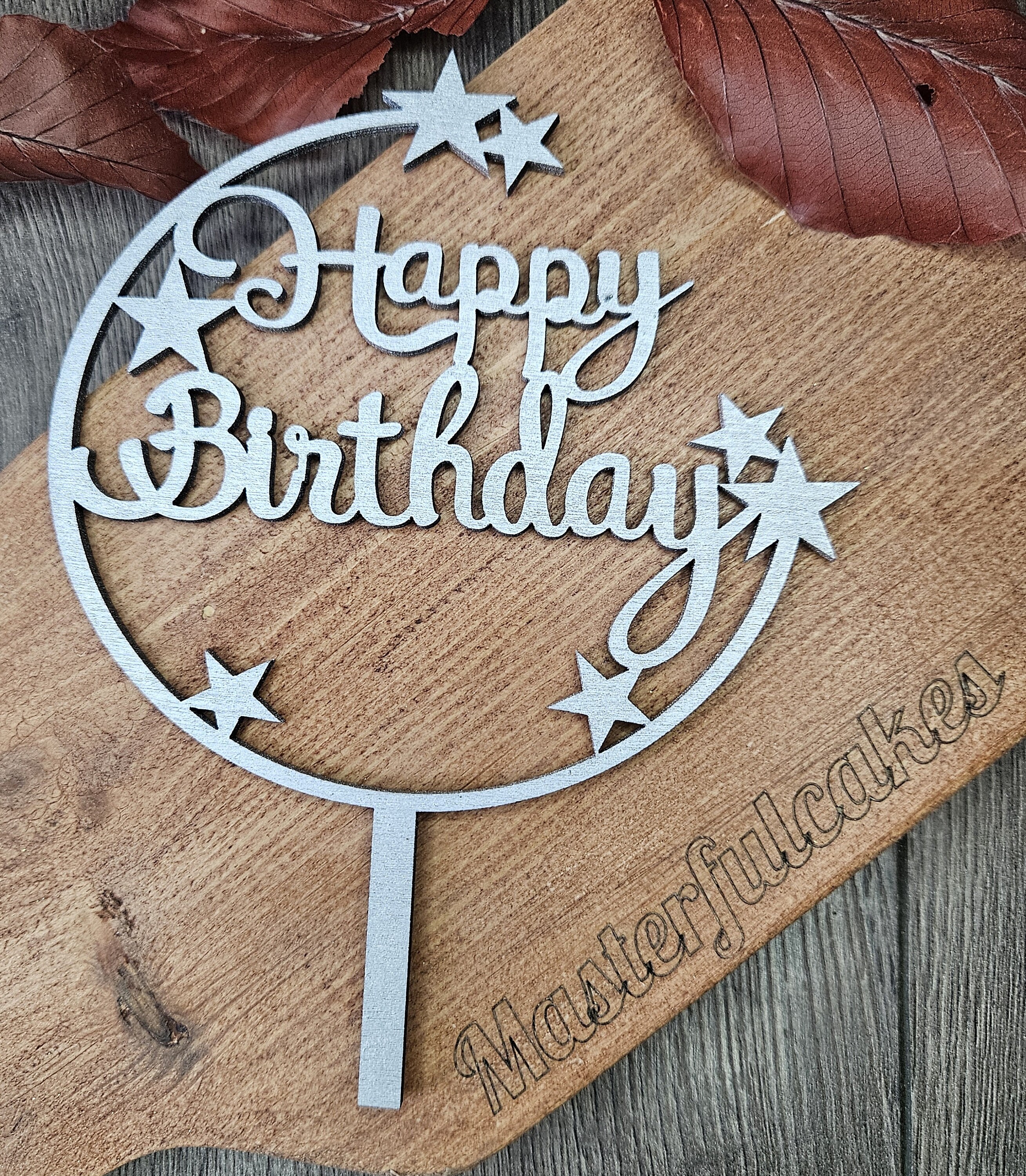 Personalised Happy Birthday Star Cake topper charm designed in unfinshed wood or coloured Acrylic