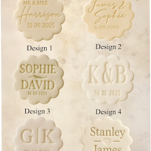 May include: Six beige, scalloped-edged cake toppers with names and dates. Designs include "MR & MRS Harrison 15.09.2025", "James & Sophie 6.09.2025", "Sophie David 16 09 2025", "K&B 16 10 2025", "G|K 28.09.2025", and "Stanley James".