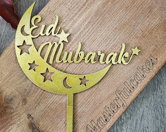 Eid Mubarak wooden design in Gold cake topper