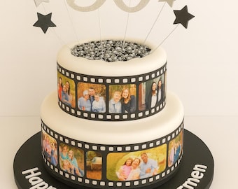 Personalised Camera Film Reel Edible Icing Cake Wrap Topper with Your Own Bespoke Images. Ribbon Border Birthday Photo image topper