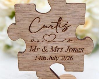 Custom Personalized Jigsaw Puzzle Piece, Oak Wooden Wedding Place settings and name tags