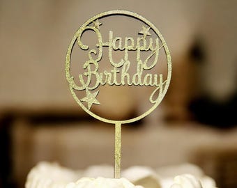 Round Happy Birthday Design Cake topper charm designed in unfinshed wood or coloured Acrylic