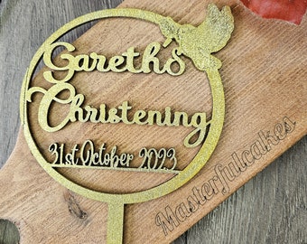 Personalized Christening Cake Topper with Dove, Unfinished Wood or Acrylic