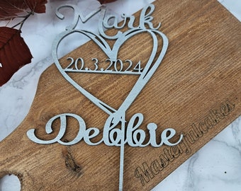 Personalized Wedding Cake Topper, Heart Design, Acrylic or Wood