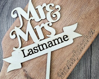 Personalized Mr & Mrs Wedding Cake Topper, Wood or Acrylic