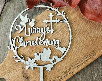 Personalized Christening Cake Topper, Doves and Flowers, Unfinished Wood or Acrylic