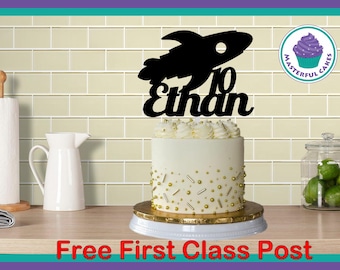 Personalised Space Rocket glitter design cake topper charm add your own name and age