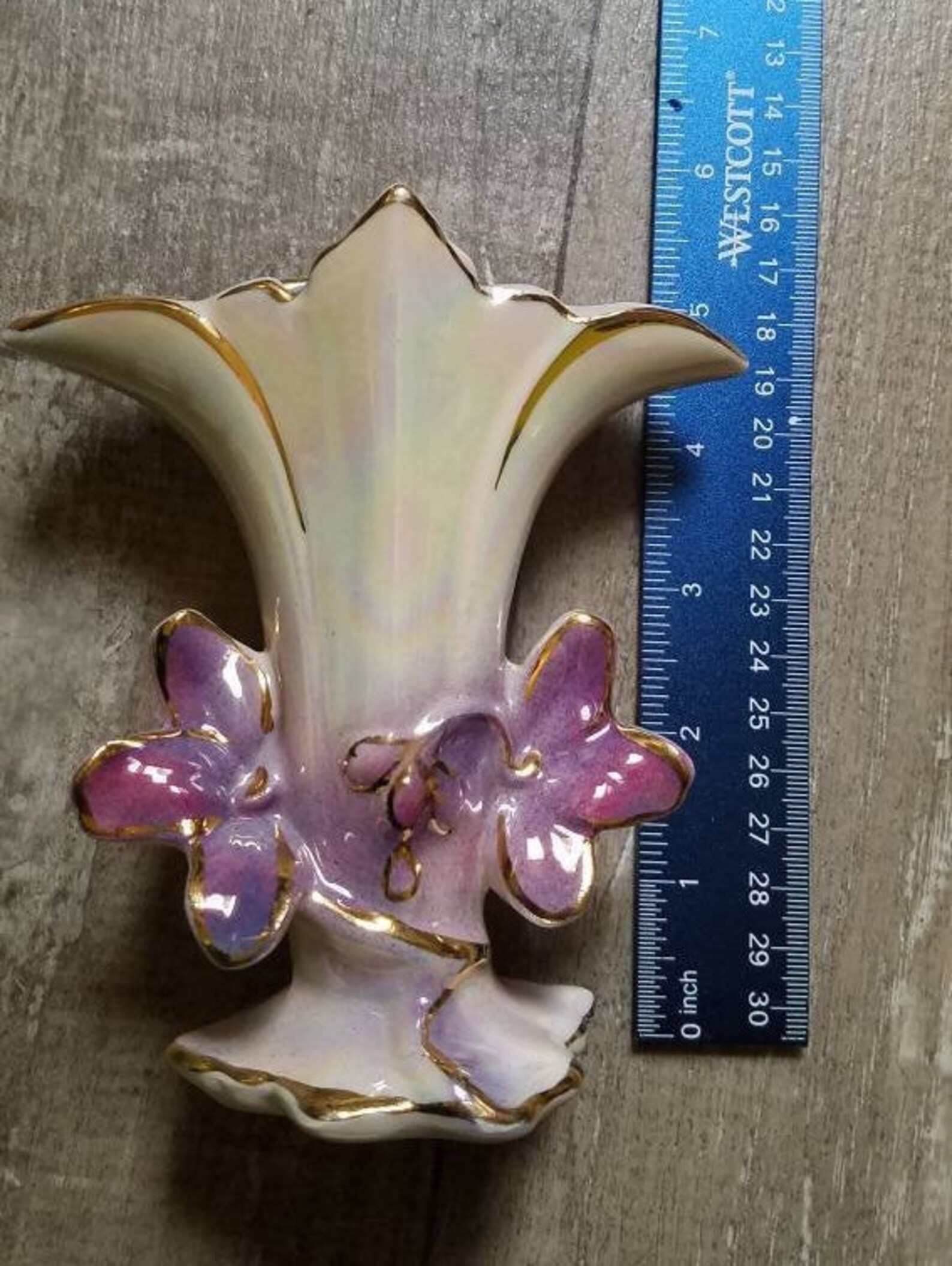 Small Porcelain Vase Purple Flower Gold Trim Iridescent marked Etsy