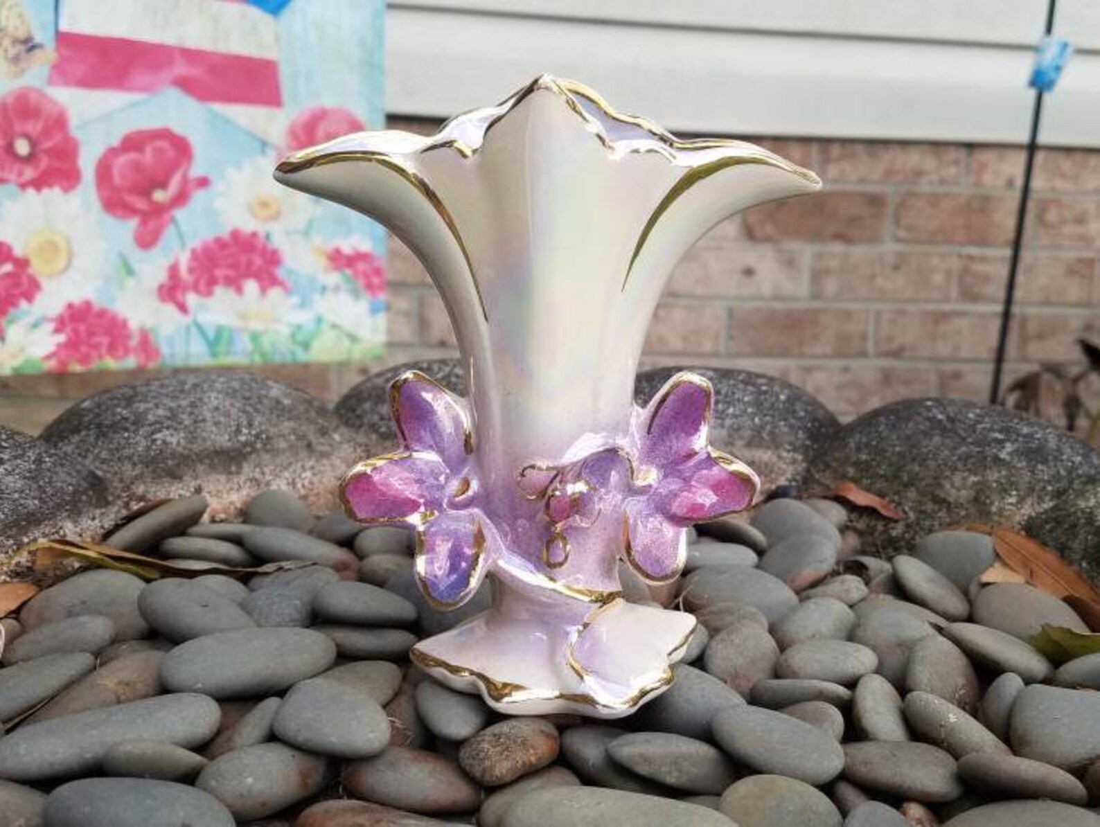 Small Porcelain Vase Purple Flower Gold Trim Iridescent marked Etsy