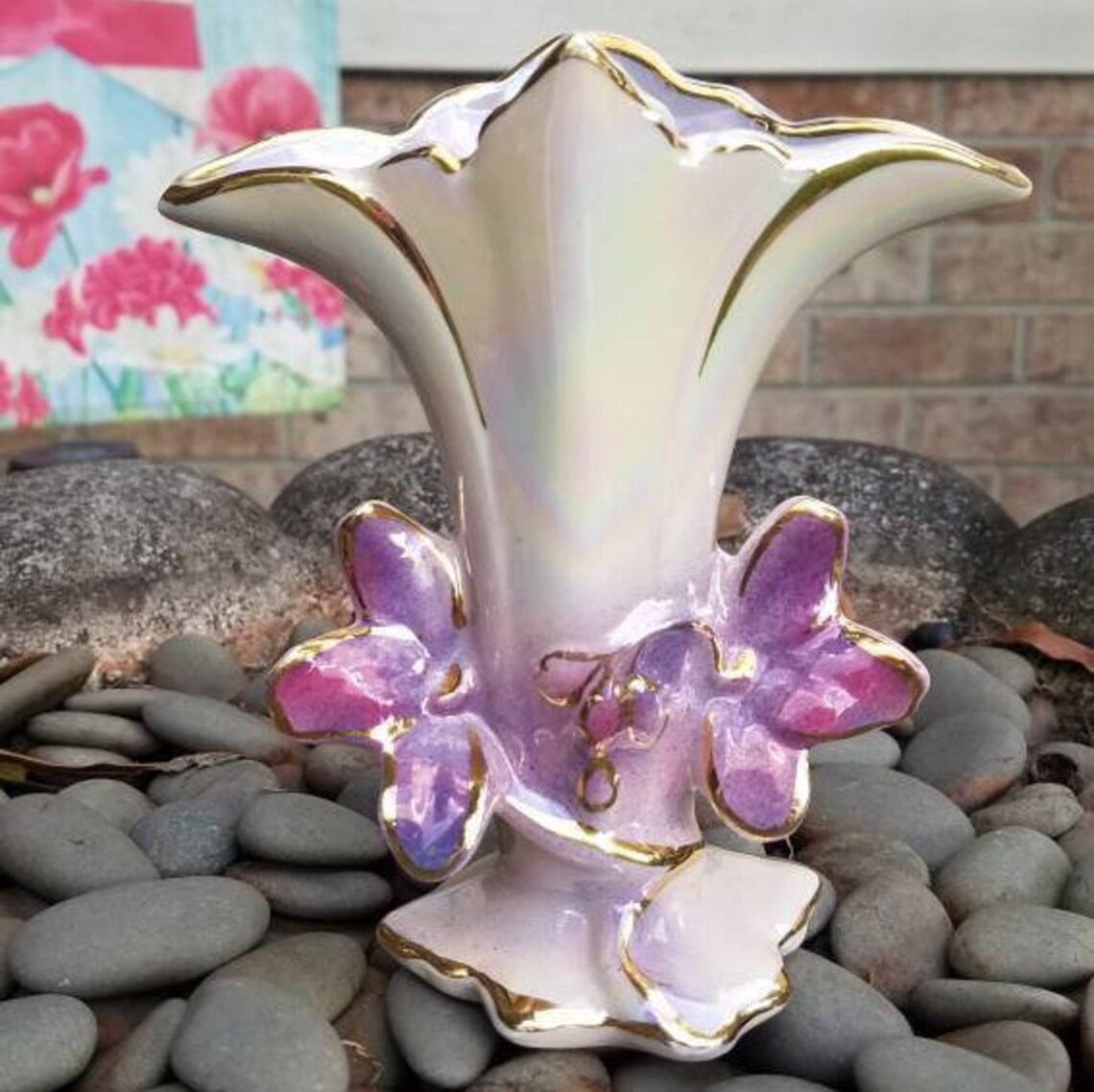 Small Porcelain Vase Purple Flower Gold Trim Iridescent marked Etsy