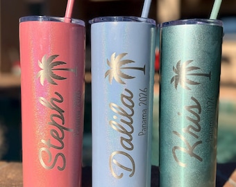 Custom Girls Trip Tumbler: Personalized Engraved Stainless Steel Travel Cup with Palm Tree Design