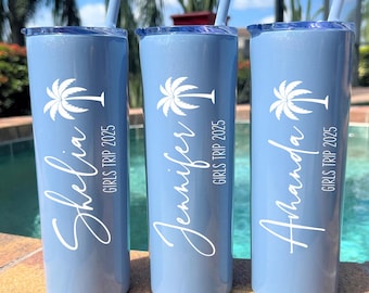 Custom Girls Trip Tumbler: Personalized Stainless Steel Travel Cup with Palm Tree Design