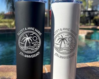 Custom Anniversary Travel Tumbler: Personalized Stainless Steel Cup with UV-Printed Destination Design