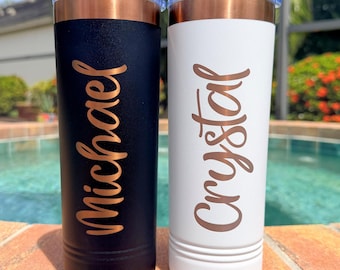 Engraved Custom Travel Tumbler: Personalized Stainless Steel Cup Anniversary Destination Copper Color Design