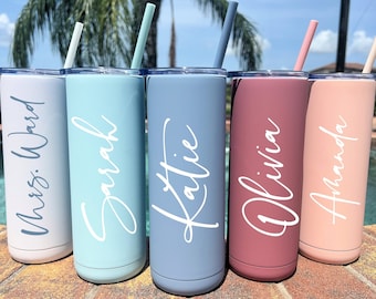 Soft Matte Personalized Tumblers with Straw and Slide Lid Closure Dusty Blue Dusty Rose Black Blush Indigo Seaglass
