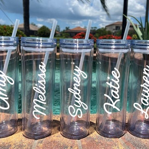 FUN Clear and Colored Acrylic Skinny Tumblers with Straw Personalized Tumbler with Straw Party Favor Bridesmaid Gift Bachelorette Party Gift
