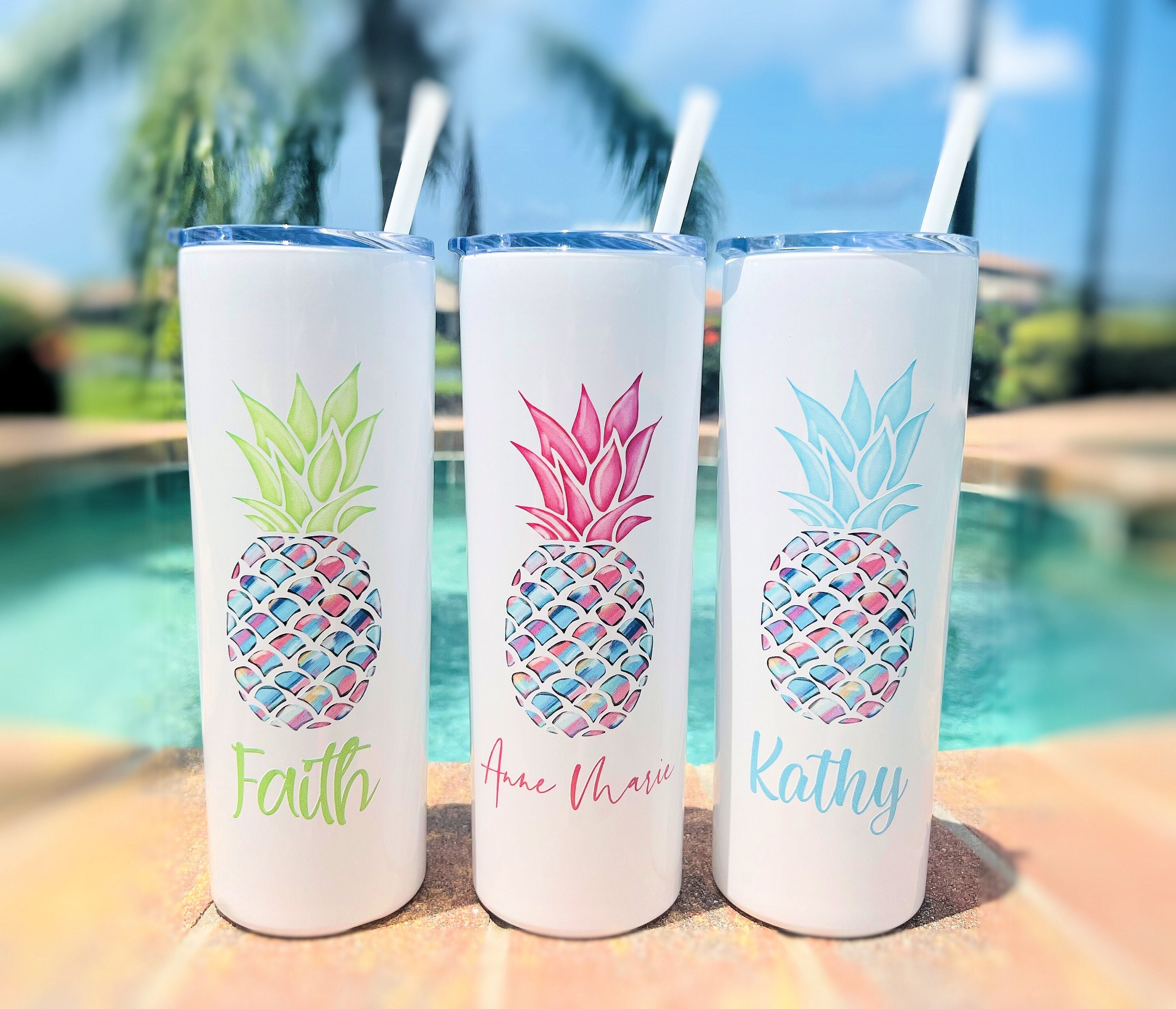 Cool Gear Pineapple Cups Beach Tumbler with Straw Insulated 16 oz Tumbler Cups with Lids and Straws for Adults and Kids for Pool Luau Hawaiian