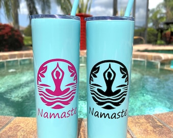 Personalized Yoga Tumbler: Custom Namaste Design on Stainless Steel Travel Cup with Straw
