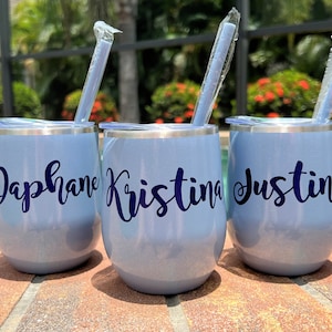Glitter dusty blue wine tumblers personalized!  Slate Blue Travel Cup Graduation Gift Birthday Gift Tumbler with Straw Bridesmaid Gift