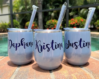 Glitter dusty blue wine tumblers personalized!  Slate Blue Travel Cup Graduation Gift Birthday Gift Tumbler with Straw Bridesmaid Gift