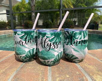 Custom Tropical 12oz Stainless Steel Travel Tumbler with Straw - Perfect for Beach, Vacation, or Gifts