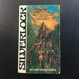 May include: A vintage paperback book titled "Silverlock" by John Myers Myers. The cover features a colorful illustration of a castle, a crowd of people, and text including quotes from Poul Anderson, Larry Niven, and Jerry Pournelle.
