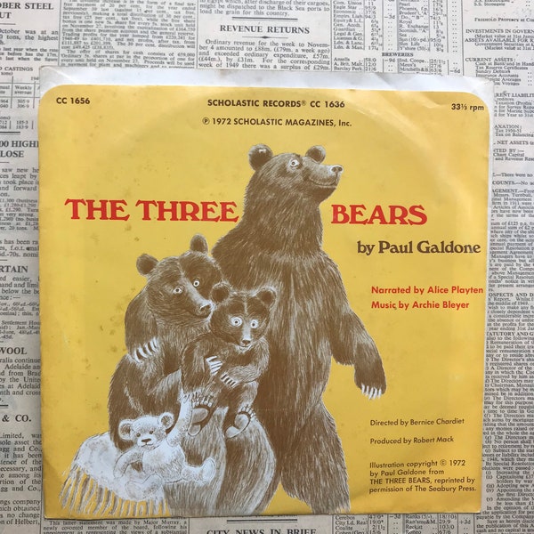 The Three Bears / The Gingerbread Man, VTG 1972 Scholastic Children’s 7”/  33rpm Record, Good+ Condition