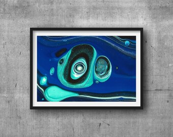 Abstract teal and black fish swimming in a vast blue ocean. Abstract art. Abstract Painting. Home Decor. Wall art. Digital download. Print.