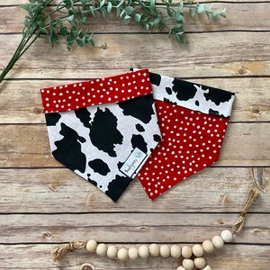 Cow Print Dog Bandana//Red and White Polka Dot Dog Bandana//Polka Dot Dog Bandana//Reversible Dog Bandana//Dog Bandana