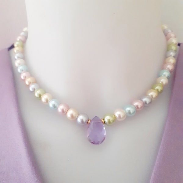 Collier PASTELCRISTAL/Goutte cristal parme/Perles en verre tons pastels/Chic/Mariée/Wedding/Fête des mères/Anniversaire/Amour/Modèle unique!