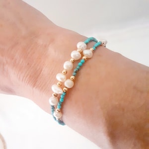 DIVA bracelet/Double turn/Freshwater pearls/Genuine turquoise/Gold-plated pearls/Chic/Fine and delicate/Wedding/Mom gift/UNIQUE MODEL!!!