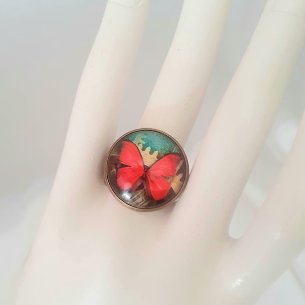 Bague papillon rouge/Cabochon verre/Bronze/Style vintage/Ajustable/Butterfly/Ring/Fantaisie/Cadeau Noël/Modèle unique!!!