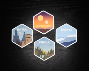 Star Wars Planet Travel Stickers - Tatooine - Hoth - Batuu - Endor  | Vinyl Sticker / Laptop Sticker / Hydro flask Sticker / Water Bottle