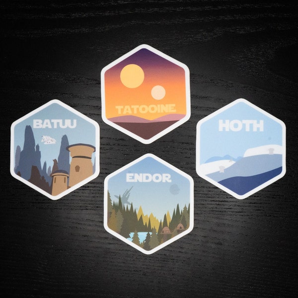 Star Wars Planet Travel Stickers - Tatooine - Hoth - Batuu - Endor  | Vinyl Sticker / Laptop Sticker / Hydro flask Sticker / Water Bottle