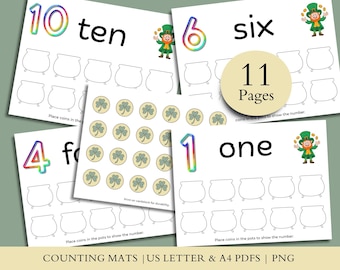 Puede incluir: Un conjunto de 11 tapetes de conteo imprimibles con los números del 1 al 10, cada uno con un numeral colorido, la palabra escrita y contornos de ollas vacías. Incluye una hoja de monedas de trébol. Texto incluye 11 Pages y Counting Mats.