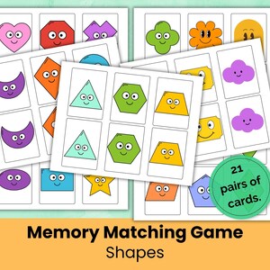 May include: A collection of memory matching game cards featuring colorful cartoon shapes. Each card has a white background with a shape and two eyes. The cards include hearts, octagons, and clouds. The text "Memory Matching Game Shapes" is at the bottom.