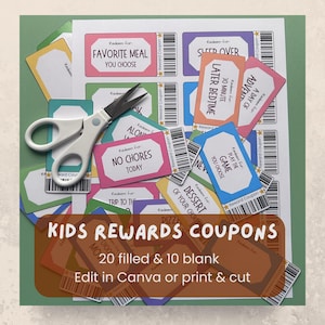 May include: A selection of colourful children's reward coupons, featuring options like "Favorite Meal" and "No Chores Today." The image includes scissors and the text "KIDS REWARDS COUPONS" and "Edit in Canva or print & cut."
