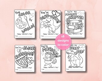 Puede incluir: Seis tarjetas para colorear en blanco y negro para el Día de San Valentín con ilustraciones de una paleta de pintura, dinosaurios, libros, pizza y un unicornio. Cada tarjeta incluye textos como You Color My World y un espacio para los nombres.