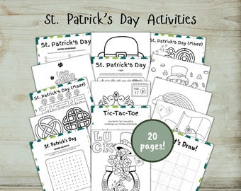 Puede incluir: Una colección de 20 hojas de actividades para el Día de San Patricio con diseños de arte lineal en blanco y negro que incluyen laberintos, sopas de letras, tres en raya y páginas para colorear con tréboles y sombreros.
