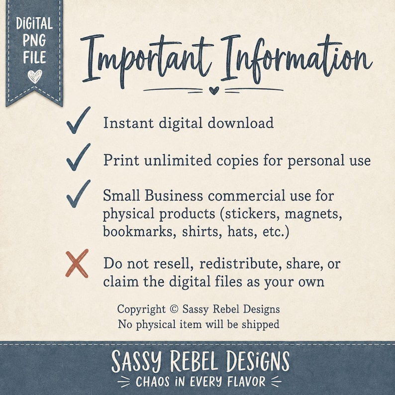 Puede incluir: Un archivo digital PNG con el texto Important Information. Enumera los t&eacute;rminos de uso con marcas de verificaci&oacute;n para descarga instant&aacute;nea, impresi&oacute;n personal ilimitada y uso comercial, y una X para la prohibici&oacute;n de reventa.
