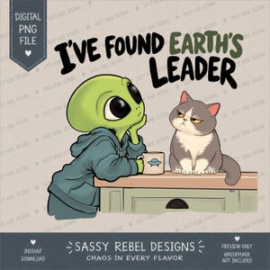 Alien Cat PNG, Green and Gray White Cat Digital Download