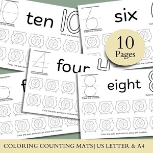 Puede incluir: Un conjunto de diez tapetes educativos para contar y colorear en papel blanco, con contornos negros de n&uacute;meros, nombres de n&uacute;meros y ollas de oro con tr&eacute;boles. Cada hoja incluye actividades de calco y coloreado para los n&uacute;meros cuatro al diez.