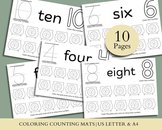 St Patrick’s Day Counting Worksheets 1–10, Preschool Number Tracing, Kindergarten Math Printable