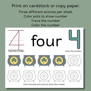 Puede incluir: Una hoja de trabajo educativa imprimible sobre el n&uacute;mero 4. Incluye las instrucciones: Print on cardstock or copy paper, Three different activities per sheet, Color pots to show number, Trace the number, Color the number, y dibujos de ollas.