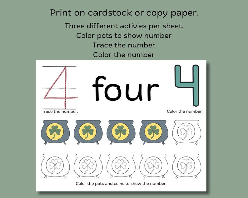 Puede incluir: Una hoja de trabajo educativa imprimible sobre el n&uacute;mero 4. Incluye las instrucciones: Print on cardstock or copy paper, Three different activities per sheet, Color pots to show number, Trace the number, Color the number, y dibujos de ollas.