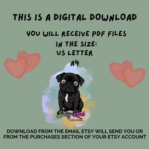 Puede incluir: Una descarga digital con una ilustraci&oacute;n de un pug negro con una mancha blanca en el pecho, rodeado de cuatro corazones rosas sobre un fondo verde salvia. El texto dice: THIS IS A DIGITAL DOWNLOAD, YOU WILL RECEIVE PDF FILES IN THE SIZE: US LETTER, A4.