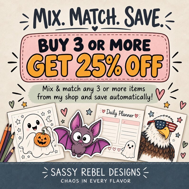 Puede incluir: Un gr&aacute;fico promocional para Sassy Rebel Designs con el texto MIX. MATCH. SAVE. BUY 3 OR MORE GET 25% OFF. Las ilustraciones incluyen un fantasma con una calabaza, un murci&eacute;lago morado, una p&aacute;gina de planificador diario y un &aacute;guila con gafas de sol.