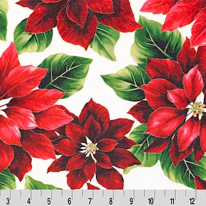 May include: White fabric with a repeating pattern of red poinsettia flowers with green leaves.